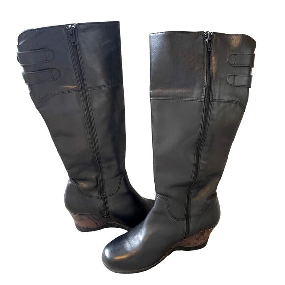 Anthropologie 7 Sanita Leather Wedge Riding Boots Tall Wood Heel COMFORT Black - Picture 6 of 11
